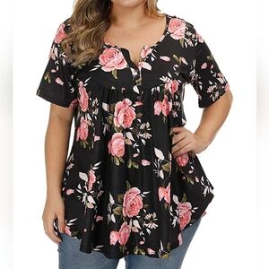 Women's Black and Pink Floral Print Short Sleeve Plus Size Blouse (2x)